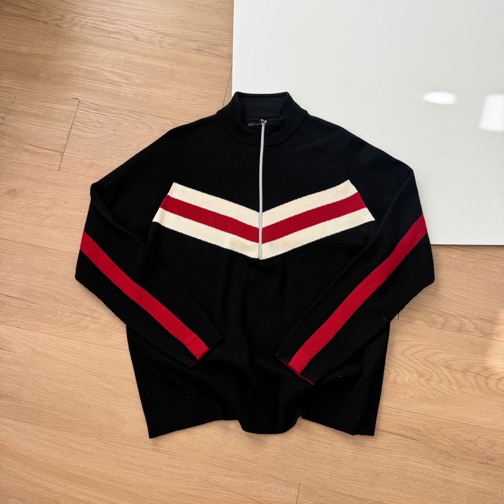Eddie Bauer Sport Mens Large Merino Wool Quarter Zip Sweater Black Red Chevron